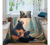 kaiyun Un Orso Suona la Chitarra nella Foresta Silenziosa Biancheria Da Letto Single（135x200cm）, Motivo 3 Pezzi, Con Stampa 3D,in Microfibra Copripiumino Con Federe Per Ragazzo, Ragazza