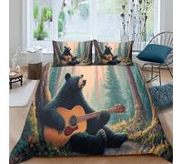 kaiyun Un Orso Suona la Chitarra nella Foresta Silenziosa Copripiumino E Federa, Stampata 3D Stampa Set Di Biancheria Da Letto in Microfibra Per Adulti, Bambino Double（200x200cm）