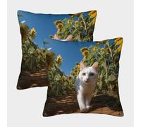 kaiyun White Cat Walking on The Path in The Girasole Field Fodera Per Cuscino Quadrata A Tema 3D Con Stampa Digitale 50x50cm 2 Pacchi Adatta Per La Decorazione Del Letto Di Casa All'aperto Modello