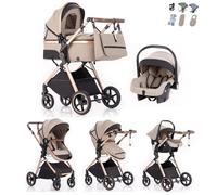 Kakbgee Passeggino 3 in 1 | con Carrozzina Pieghevole & Maniglia 7 Altezze | Sospensione 4 Ruote | Norma EN1888 | 0-3 Anni (15kg), Beige-Kaki