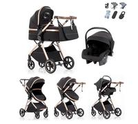 Kakbgee Passeggino 3 in 1 | con Carrozzina Pieghevole & Maniglia 7 Altezze | Sospensione 4 Ruote | Norma EN1888 | 0-3 Anni (15kg), Nero-Oro