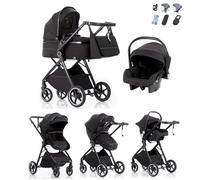 Kakbgee Passeggino 3 in 1 | con Carrozzina Pieghevole & Maniglia 7 Altezze | Sospensione 4 Ruote | Norma EN1888 | 0-3 Anni (15kg), Nero