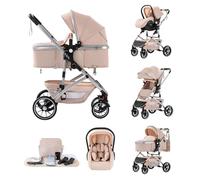 Kakbgee Passeggino 3 in 1, pieghevole con un clic, sistema da viaggio per la città, carrozzina e seggiolino auto con zanzariera, passeggino alto per neonati da 0 a 4 anni, beige
