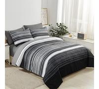 KAKIJUMN Set di biancheria da letto con copripiumino e lenzuola, 7 pezzi, motivo patchwork a righe, per tutte le stagioni, in morbida microfibra (grigio, matrimoniale)