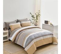 KAKIJUMN Set di biancheria da letto con copripiumino e lenzuola, 7 pezzi, motivo patchwork a righe, per tutte le stagioni, in morbida microfibra (kaki, queen size)