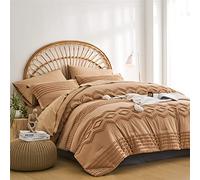KAKIJUMN Set di biancheria da letto queen size con trapuntatura color kaki, set di biancheria da letto matrimoniale e copriletto in borsa, stile shabby chic, con motivo bohémien, con pon pon, per tutte le stagioni in morbida microfibra (khaki, regina)