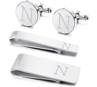 Kakonia 4 Pezzi Gemelli iniziali e fermacravatte per Uomo Acciaio Inox Personalizzato inciso Gemelli e fermacravatte Set Alfabeto Lettera A-W con Scatola Regalo per Padre Marito