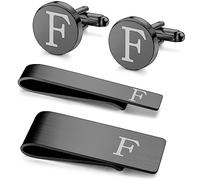 Kakonia 4 Pezzi Gemelli iniziali e fermacravatte per Uomo Acciaio Inox Personalizzato inciso Gemelli e fermacravatte Set Alfabeto Lettera A-W con Scatola Regalo per Padre Marito