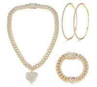Kakonia Set di Gioielli con Catena a Maglie Cubane Collana a Catena Cubana Bracciale a Maglie Cubane Orecchini a Cerchio con Strass Oro Catena Cubana a Maglie Cubane con Cuore per le Donne 60MM