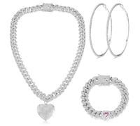 Kakonia Set di Gioielli con Catena a Maglie Cubane Collana a Catena Cubana Bracciale a Maglie Cubane Orecchini a Cerchio con Strass Argento Catena Cubana a Maglie Cubane con Cuore per le Donne 50MM