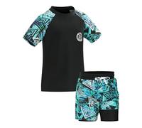 KAKU NANU Costume da bagno per ragazzi con rash vest e pantaloncini a doppio strato, protezione solare, costume da bagno per bambini dai 3 ai 15 anni, colore: nero/blu