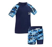 KAKU NANU Costume da bagno per ragazzi con rash vest e pantaloncini a doppio strato, protezione solare, costume da bagno per bambini dai 3 ai 15 anni, colore: nero/blu