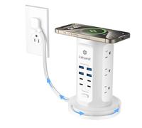 Kakyanill - Torre di protezione contro le sovratensioni (9 prese AC, 8 USB (4 USB C), cavo di prolunga retrattile stazione di ricarica da 18 m per ufficio camera da letto, bianco