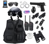 KalaDuck Costume Poliziotto Bambino, 14PCS Accessori Polizia con Casco SWAT, Gilet, Manette Polizia, Walkie-Talkie, Carnevale Vestito Poliziotto Bambino 3 4 5 anni, Travestimento Halloween Giocattoli