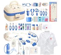 KalaDuck Valigetta Dottore Bambini 3 anni, 62Pezzi Kit Dottore Bambino con Dentista Gioco, Stetoscopio Giocattolo e Camice Dottoressa, Gioco di Ruolo del Kit Medico Regalo di Compleanno Bambini (Blu)