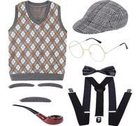 Kalastussaari Costume da vecchio uomo, 100 giorni di costume scolastico includono cappello, occhiali, gilet e altro, Halloween, nonno per bambini che giocano a ruolo per feste (M)