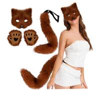 Kalastussaari Costume Fox Halloween Maschera Therian, coda e zampe pelose maschera peluche soffici guanti e code costumi cosplay per le donne che si vestono per la festa marrone rossa volto
