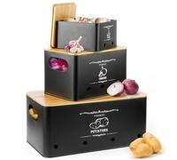 KALBIGRO Porta Patate Cipolle Aglio, Set di 3 Contenitore Patate e Cipolle e Aglio, Porta Cucina con con Coperchio in Bambù e Fori di Ventilazione, Nero