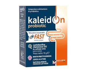 KaleidOn probiotic FAST orosolubile - Integratore a base di Lactobacillus rhamnosus GG che favorisce l'equilbrio della flora intestinale, gusto frutti di bosco, 10 bustine da 1g, peso netto 10 g