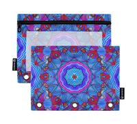 Kaleidoscope - Raccoglitore a 3 anelli con motivo mandala blu, con cerniera, per studenti, scuola, tasche trasparenti, morbide, 24,9 x 18 cm, confezione da 2