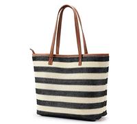 KALIDI Borsa da spiaggia in paglia a righe con manico in pelle PU intrecciata con cerniera, per viaggi, shopping, picnic, Strisce nere, Large