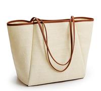 KALIDI Borsa da spiaggia in paglia Borsa a tracolla a righe Stitch Manico in pelle PU intrecciata Chiusura con cerniera Tasca interna Viaggi Shopping Picnic, Beige-marrone