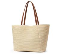 KALIDI - Borsa grande in paglia, borsa da spiaggia con cerniera, in plastica riciclata marina, design simile alla paglia, borsa a secchiello per le vacanze estive e l'uso quotidiano, Large