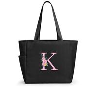 KALIDI Borsa tote personalizzata con cerniera, grande borsa tote con monogramma con iniziale A-Z, regalo per donne, damigella d'onore, mamma, insegnante, amica, matrimonio, shopping quotidiano, Nero-k