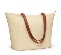 KALIDI - Grande borsa di paglia, borsa da spiaggia con cerniera, in plastica riciclata marina, design simile alla paglia, borsa tote per vacanze estive e uso quotidiano, Beige (con manico marrone), 26