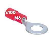Kalitec 100x Capicorda ad Anello M6, 0,5-1 mm², Rosso, Isolato | Morsetti a crimpare in rame e PVC per cavi elettrici. Connettori piatti sicuri per auto, impianti Hi-Fi e casa.