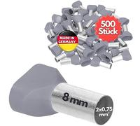 Kalitec 500x Terminali Isolati 2x0,75 mm² - Manicotti Doppi 8 mm, Grigio | Puntali gemelli in rame stagnato certificati UL per cablaggio industriale e civile, ideali per crimpatura di cavi doppi.