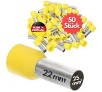 Kalitec 50x Terminali Isolati 25 mm² - Puntali a Bussola Gialli 22 mm | Puntali AWG 4 in rame stagnato certificati UL per cablaggi industriali, quadri elettrici, camper e impianti audio.