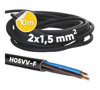 Kalitec H05VV-F - Tubo Flessibile 10 Metri, 2 x 1,5 mm², Cavo di Alimentazione Senza Conduttore di Protezione, PVC per Interni, Elettrico Nero, Flessibile per Lampada