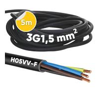 Kalitec H05VV-F Tubo Flessibile 3 x 1,5 mm² | Cavo di Alimentazione 3G1,5 mm2 Con Conduttore di Protezione, in PVC per Interni, Elettrico Nero, Flessibile per Lampada e Dispositivo