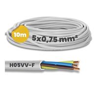 Kalitec H05VV-F - Tubo flessibile da 10 metri, 5 x 0,75 mm², 5 G0,75 mm2 con conduttore di protezione, cavo in PVC per interni, cavo elettrico bianco, cavo per lampada, flessibile, 5 fili