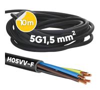 Kalitec H05VV-F - Tubo flessibile da 10 metri, 5 x 1,5 mm², 5 G1,5 mm2, con conduttore di protezione, cavo in PVC per interni, cavo elettrico nero, cavo per lampada, flessibile, 5 fili