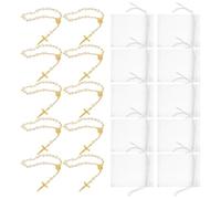 KALLORY Braccialetti Rosari Mini 12 Set per Regali Battesimo e Comunione, Braccialetto di Preghiera Perle e Croce Finta Oro Bianca 7X9 CM, Gioielli Religiosi da Polso per Bomboniere