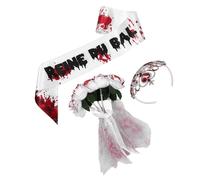 KALLORY Set di Costumi Cosplay Sposa Insanguinata per Ragazze Accessori in Plastico e Tessuto, Corona, Fascia e Bouquet per Feste di Halloween e Party Cosplay
