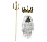 KALLORY Set di Tridente di Poseidone e Corona Regolabile Oro in Abs Design Antiscivolo, Accessori per Cosplay Party e Halloween per Adulti Parrucca e Barba Finta