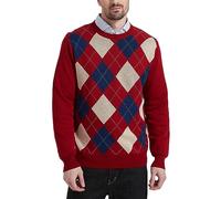 Kallspin Uomo Crewneck Argyle Knit Jumpers Maglia a Maniche Lunghe in Misto Lana Pullovers(Borgogna,Large)