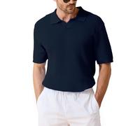 Kallspin Uomo Polo in Puro Cotone Tricotato Maniche Corte Collo a V Revers Johnny con Texture a Goffra Estate Top (Blu Navy Medium
