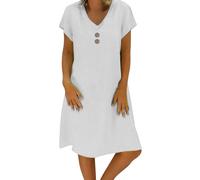 KaloKLU Abito estivo da donna in lino, leggero, grande, S-5Xl, abito da spiaggia, casual, a maniche corte, lunghezza al ginocchio, in cotone e lino, casual, scollo a V, bianco, M