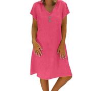 KaloKLU Abito estivo da donna in lino, leggero, grande, S-5Xl, abito da spiaggia, casual, a maniche corte, lunghezza al ginocchio, in cotone e lino, casual, scollo a V, rosa intenso, 3XL
