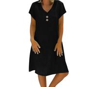 KaloKLU Abito estivo da donna in lino, leggero, grande, S-5Xl, abito da spiaggia, casual, a maniche corte, lunghezza al ginocchio, in cotone e lino, casual, scollo a V, Nero , 4XL