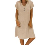 KaloKLU Abito estivo da donna in lino, leggero, grande, S-5Xl, abito da spiaggia, casual, a maniche corte, lunghezza al ginocchio, in cotone e lino, casual, scollo a V, cachi, 3XL