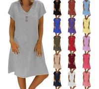 KaloKLU Abito estivo da donna in lino, leggero, grande, S-5Xl, abito da spiaggia, casual, a maniche corte, lunghezza al ginocchio, in cotone e lino, casual, scollo a V, grigio., M
