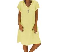 KaloKLU Abito estivo da donna in lino, leggero, grande, S-5Xl, abito da spiaggia, casual, a maniche corte, lunghezza al ginocchio, in cotone e lino, casual, scollo a V, giallo., 5XL