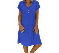KaloKLU Abito estivo da donna in lino, leggero, grande, S-5Xl, abito da spiaggia, casual, a maniche corte, lunghezza al ginocchio, in cotone e lino, casual, scollo a V, Blu, L