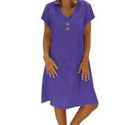 KaloKLU Abito estivo da donna in lino, leggero, grande, S-5Xl, abito da spiaggia, casual, a maniche corte, lunghezza al ginocchio, in cotone e lino, casual, scollo a V, Blu scuro, S