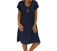 KaloKLU Abito estivo da donna in lino, leggero, grande, S-5Xl, abito da spiaggia, casual, a maniche corte, lunghezza al ginocchio, in cotone e lino, casual, scollo a V, Blu marino, 3XL